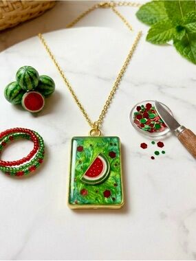 Handmade Green Watermelon Pendant Necklace - Gold Chain